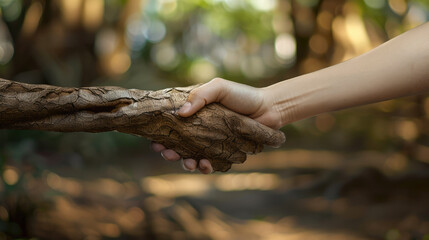 Human hand handshaking hand of nature,  love nature environment concept