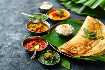 Traditional delicious South Indian dish dosa on fresh banana leaf.