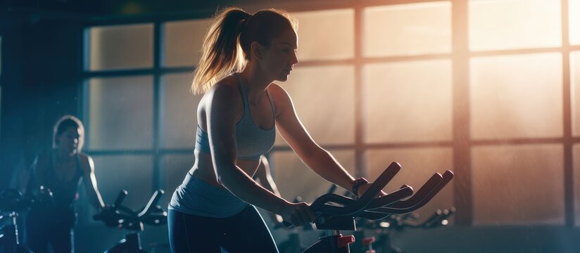 Woman Working Out on Exercise Bike in Gym