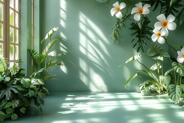White plumeria flowers against green foliage, bathed in sunlight casting delicate shadows, evoke a sense of purity and calm