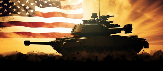 American Military Power at Sunset with Flag - obrazy, fototapety, plakaty