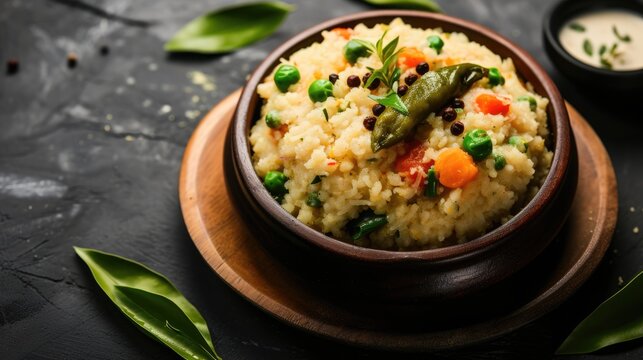 Appetizing healthy rice with vegetables in bowl, ready to be serve.