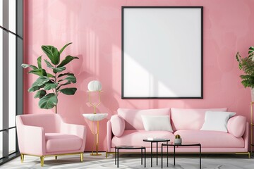 mockup design modern pink boho living room with blank poster on the wall in black frame