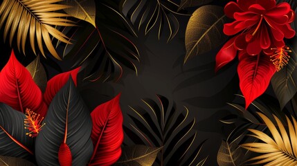 The tropical black gold leaves look stunning against the dark background of this modern poster. Beautiful botanical design with red heliconia flowers and golden smears. Great as a wedding invitation,