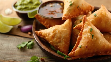 Mouth-watering Indian Snack Rissole (Samosa) with Spicy Sauce (Chutney) Served on Plate, Ready to be Eaten and Enjoyed.