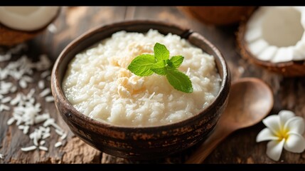 closeup view of coconut-rice kheer (Indian dessert) in a bowl with garnishing by mint leaf, ready to serve.