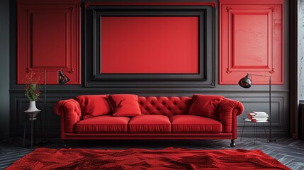 Bold meets minimalist in this striking 3D wall frame mockup featuring a matte black frame against a luxurious red velvet backdrop, 
