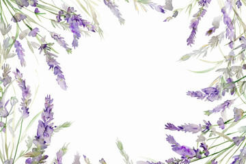 Obraz na płótnie Canvas A watercolor painting of lavender flowers frame isolated on white background, serene spring background.