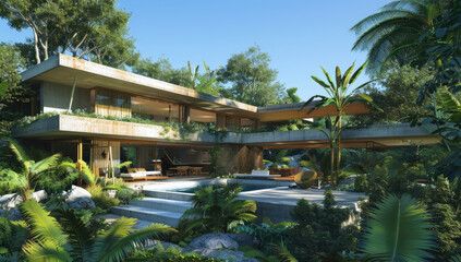 Fototapeta na wymiar 3D render of a modern concrete house with a pool and green grass, a luxurious villa