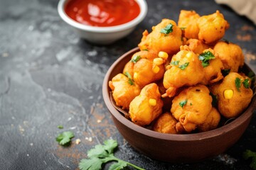 Closeup Image of Spicy Indian Snack Fritters with Red Sauce Placed on Plate, Ready to be Eaten and...