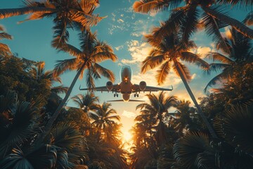 Fototapeta na wymiar An awe-inspiring view of an airplane flying between palm trees silhouetted against a dramatic orange sunset sky
