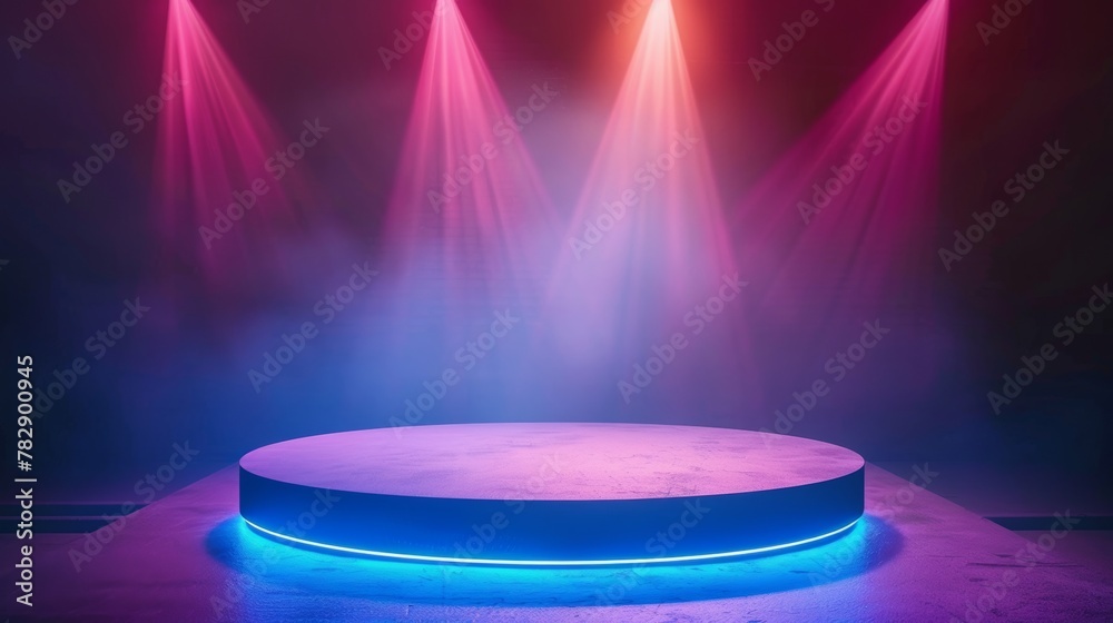 Poster In the rays of spotlights, a round stage stands in the center of a realistic modern illustration. An empty podium awaits your presentation, performance or show in a nightclub.