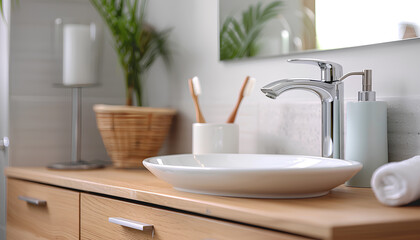 Sink bowl and cup with toothbrushes on chest of drawers in bathroom, closeup