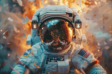 This striking close-up of an astronaut shows the cosmos reflected in the visor, against a backdrop of fiery particles - obrazy, fototapety, plakaty