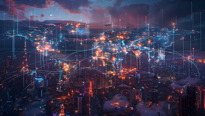 Global Connectivity Map: A Futuristic View of Urban Trade - obrazy, fototapety, plakaty