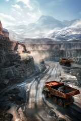 Bustling Mining Operation in a Majestic Mountainous Landscape