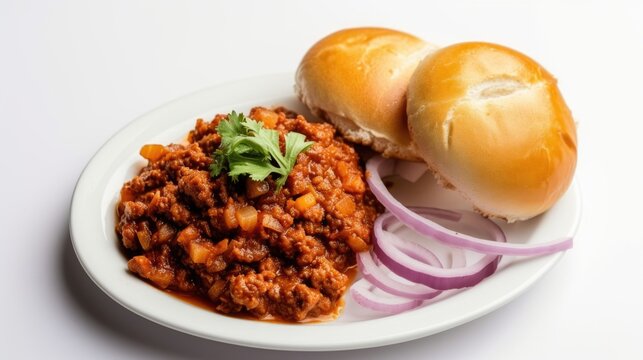 Indian Style Mutton Keema Pav Dish with Onion Slice Served on Plate, Ready to be Eaten and Enjoyed.