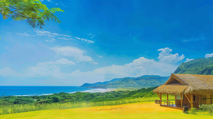 An oil painting portrays a peaceful beach, a quaint hut on the shore, vibrant green grass leading to a mountain, bathed in the light of a clear blue sky.