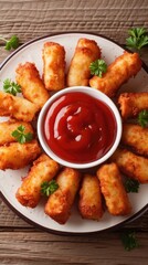 Fototapeta premium Closeup Image of Crunchy Bread Spring Roll with Red Sauce Served on Plate, Ready to be Eaten and Enjoyed.