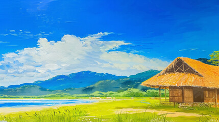 An oil painting showcases a picturesque beach with a colorful hut nestled on the shore, lush green grass, and a majestic mountain under a clear blue sky.