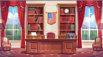 In the official residence of the President of the United States, The White House, there is an oval cabinet with furniture, an office for him in the White House, a desk and wooden bookcase, a national - obrazy, fototapety, plakaty