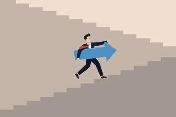 Ladder of success, business growth, businessman holding an arrow sign, rising up the stairs. Vector concept illustration.