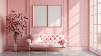 Immerse yourself in beauty with this chic 3D wall frame mockup featuring rose gold frames