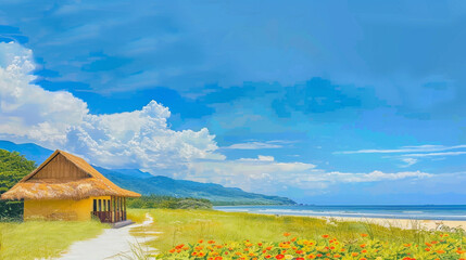 A vibrant oil painting captures a beach scene with a charming hut on the shore, lush green grass, a majestic mountain, and a clear blue sky.