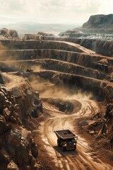 Majestic Open Pit Mine Landscape with Heavy Machinery - obrazy, fototapety, plakaty
