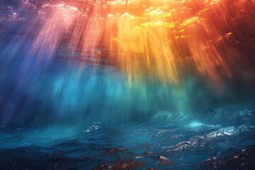 An ethereal underwater scene where beams of sunlight penetrate the azure depths of the ocean - obrazy, fototapety, plakaty