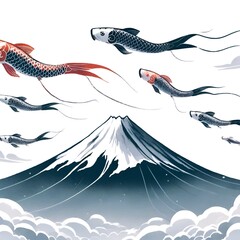 Illustration of a scene for showa day with stylized carp streamers flying gracefully against a backdrop of a mount fuji.