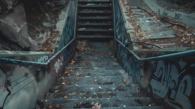 A crumbling concrete staircase leading down into a dark ominous tunnel. The steps are covered in graffiti and littered with debris hinting at the secrets and stories that
