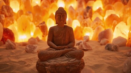 Serene Buddha Statue Amidst Glowing Salt Lamps Ambiance