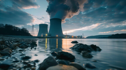 Twilight Glow at Nuclear Power Plant - obrazy, fototapety, plakaty