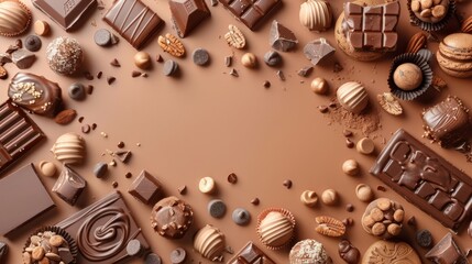 World Chocolate Day Concept. Delicious background. Various chocolates in dark color. Space for text. Banner, background, template. Happy chocolate day.  - obrazy, fototapety, plakaty