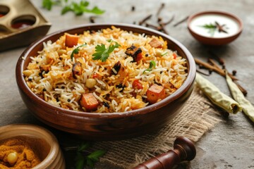 Presenting of Beef Rice Pilaf Dish Served on Dining Table, Ready to Be Eaten and Enjoyed.