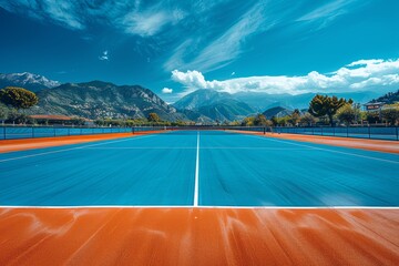 An empty blue and orange tennis court with a stunning mountain range and clear blue sky in the backdrop - Powered by Adobe
