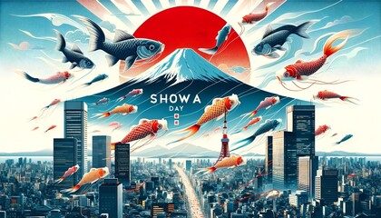 Illustration for showa day in japan with a traditional symbols.