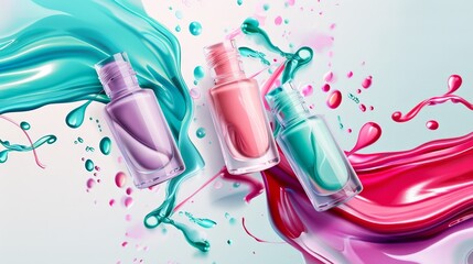 3D nail polish bottles realistic modern banner, fallen glass tubes of blue, green, and pink colors splatter and mix on white background. Cosmetic make-up product advertising promo.