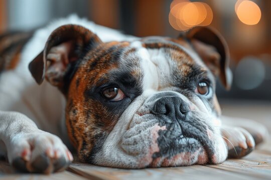 Image focusing on the calm expression of a bulldog with a deliberately blurred face for privacy