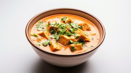 Homemade Spicy Indian Cheese Curry (Shahi Paneer) served in brass bowl, inviting the viewer to enjoy a serving of this delectable dish.