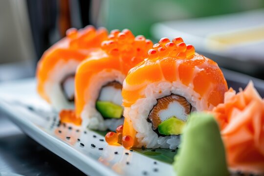 Mouth-watering assortment of tasty multicolored sushi rolls served on plate, ready to be eaten.