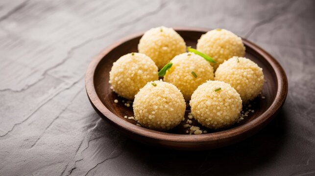 Delicious Indian Sweet Balls (Laddu or Ladoo) Served on Plate, Ready To Be Eaten.