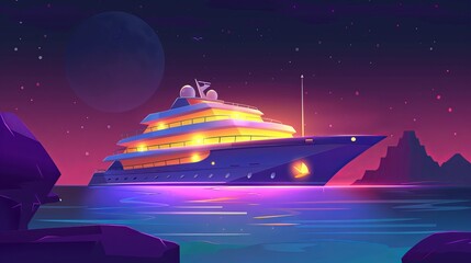 A luxury cruise liner moored in a tropical port at night with glowing portholes, a passenger vessel on the dark surface of dark water. Modern illustration of a cruise liner at night on the ocean. - obrazy, fototapety, plakaty