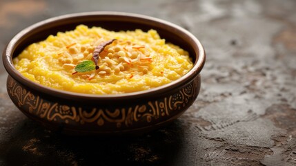 Top View of Delicious Moong Lentils Khichdi Served in Bowl, Ready to Be Eaten and Enjoyed.