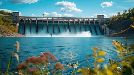 Majestic Hydroelectric Dam Spilling Water into a Serene Lake