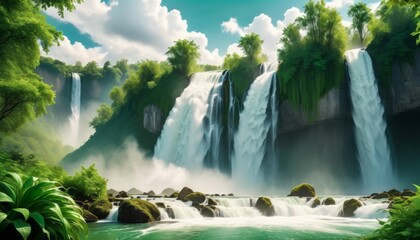 A captivating digital art of a lush waterfall oasis, with cascading waters surrounded by vibrant green foliage and mist.. AI Generation. AI Generation