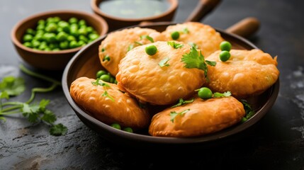 Freshly Cooked Indian Food Crispy Kachori with Garnish Herbs Served in Bowl and Peas, Ready to be...
