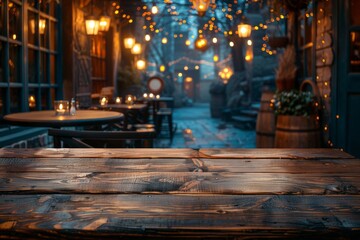 Obraz na płótnie Canvas Early dusk setting of empty rustic tables in an urban alley with lighting that creates a soothing ambiance