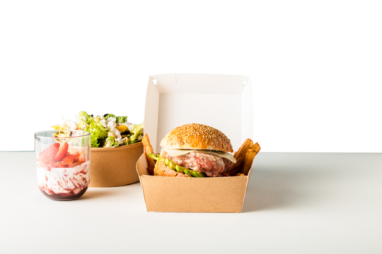 Burger in EcoFriendly Box: Sustainable Delivery Meal on White or Transparent Background - Ready to Eat Takeaway Food Packaging